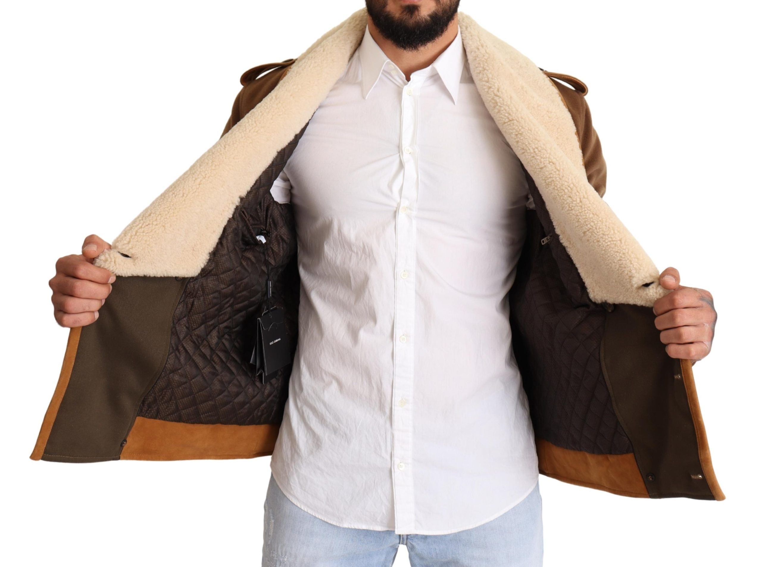 Dolce & Gabbana Brown Double-Breasted Shearling Coat Jacket