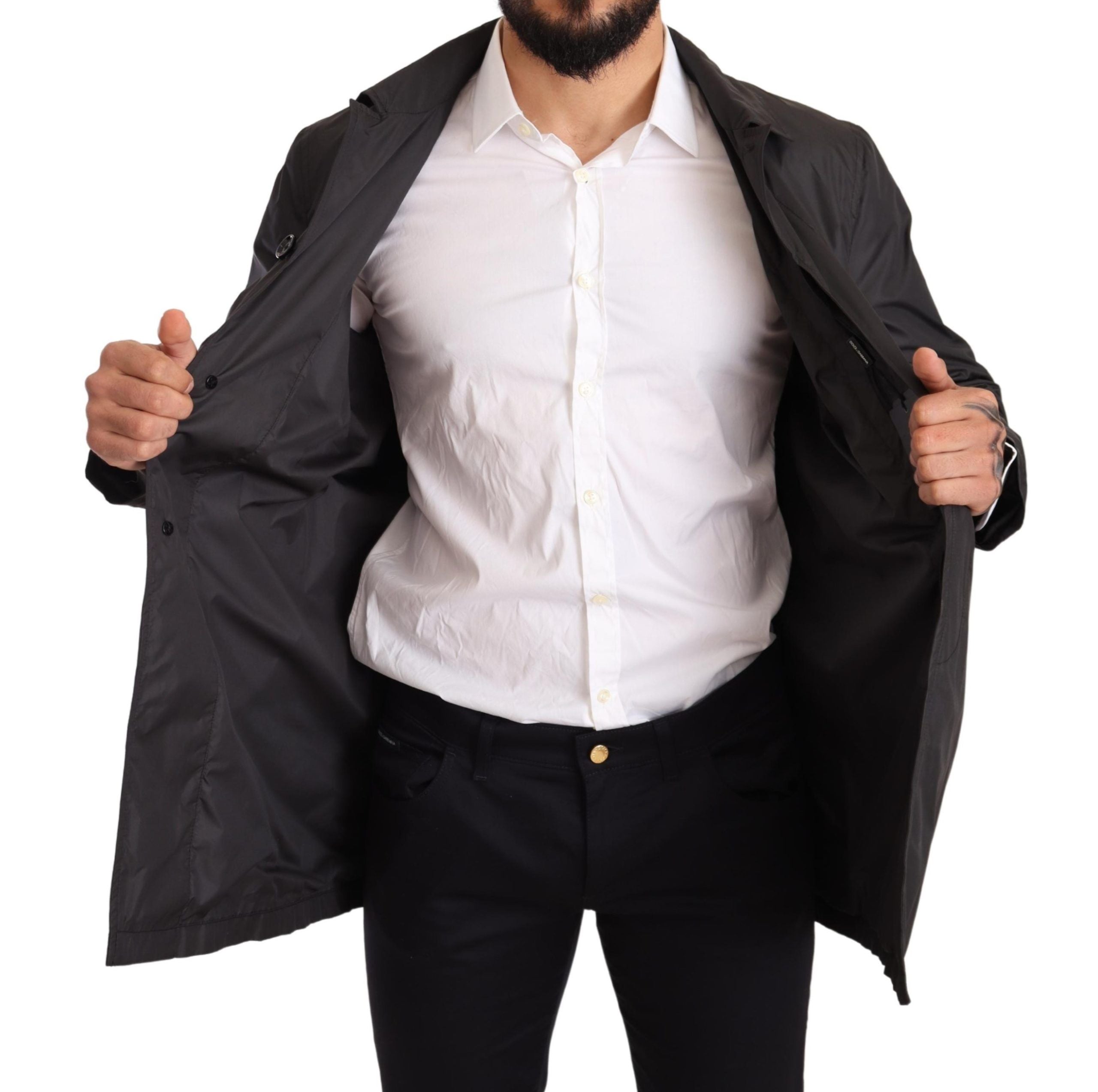 Dolce & Gabbana Schwarzer Polyester Herren Trenchcoat Jacke