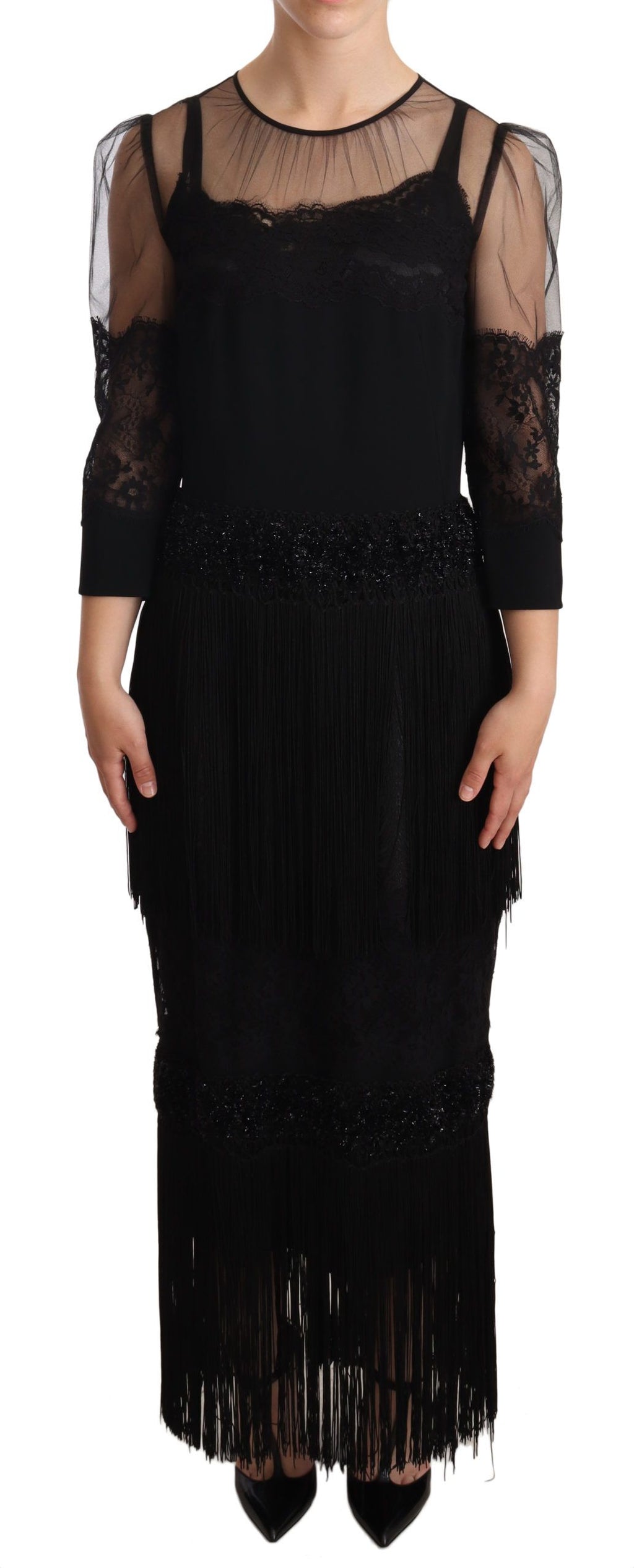 Dolce & Gabbana Schwarzes Maxikleid aus transparenter, floraler Spitze mit Kristall