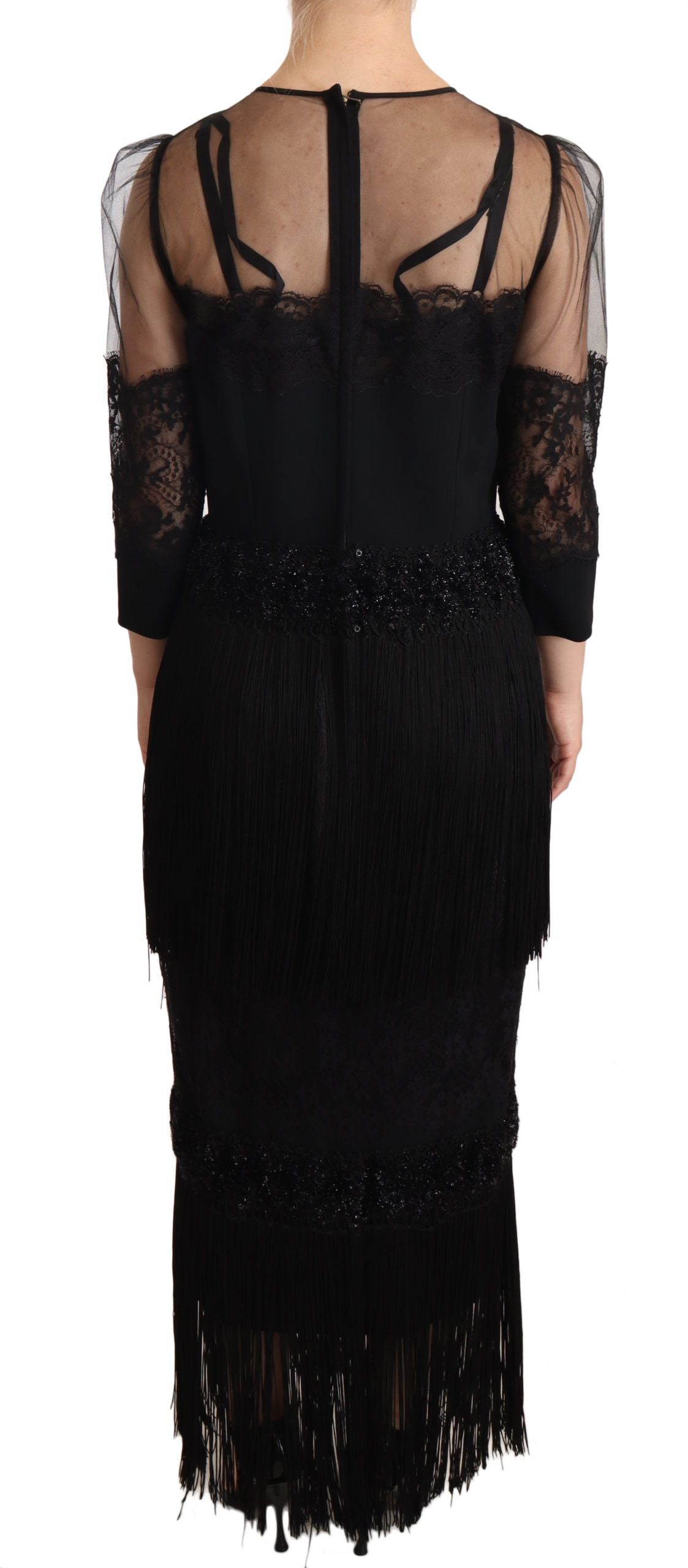 Dolce & Gabbana Schwarzes Maxikleid aus transparenter, floraler Spitze mit Kristall