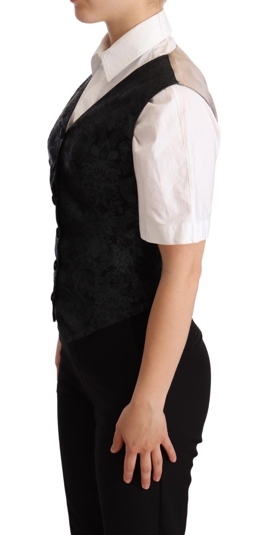 Dolce & Gabbana Schwarze Jacquard-Blumenweste Weste Grün