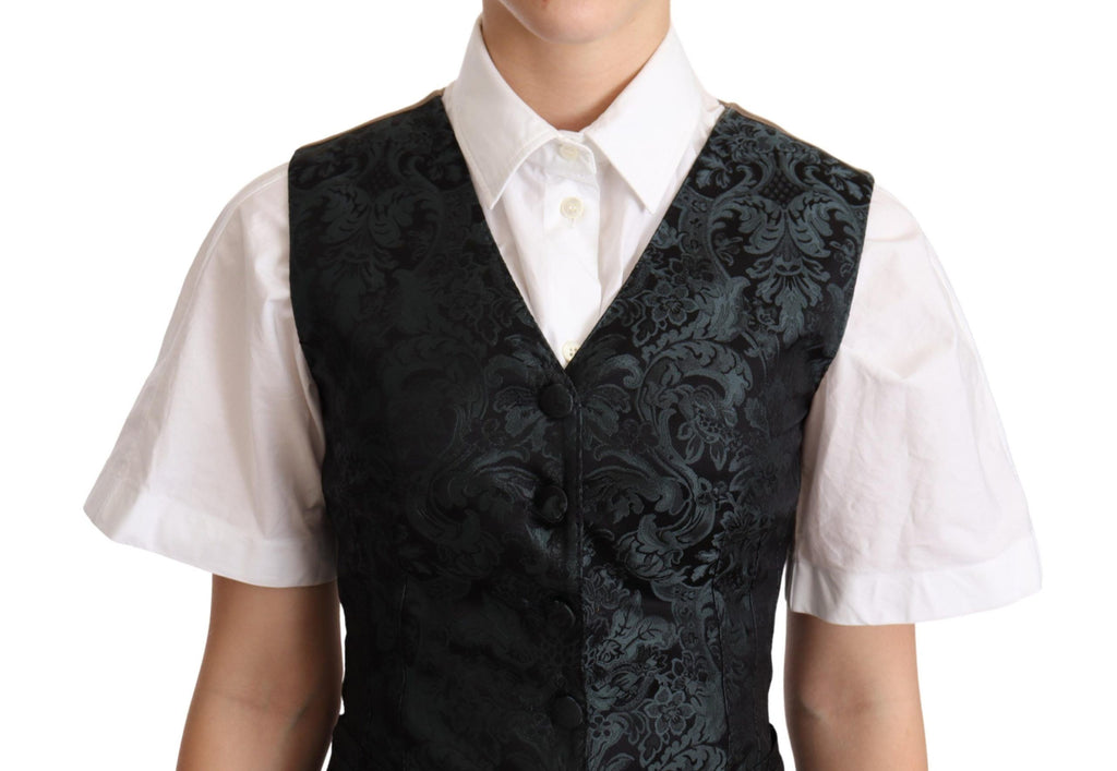 Dolce & Gabbana Schwarze Jacquard-Blumenweste Weste Grün