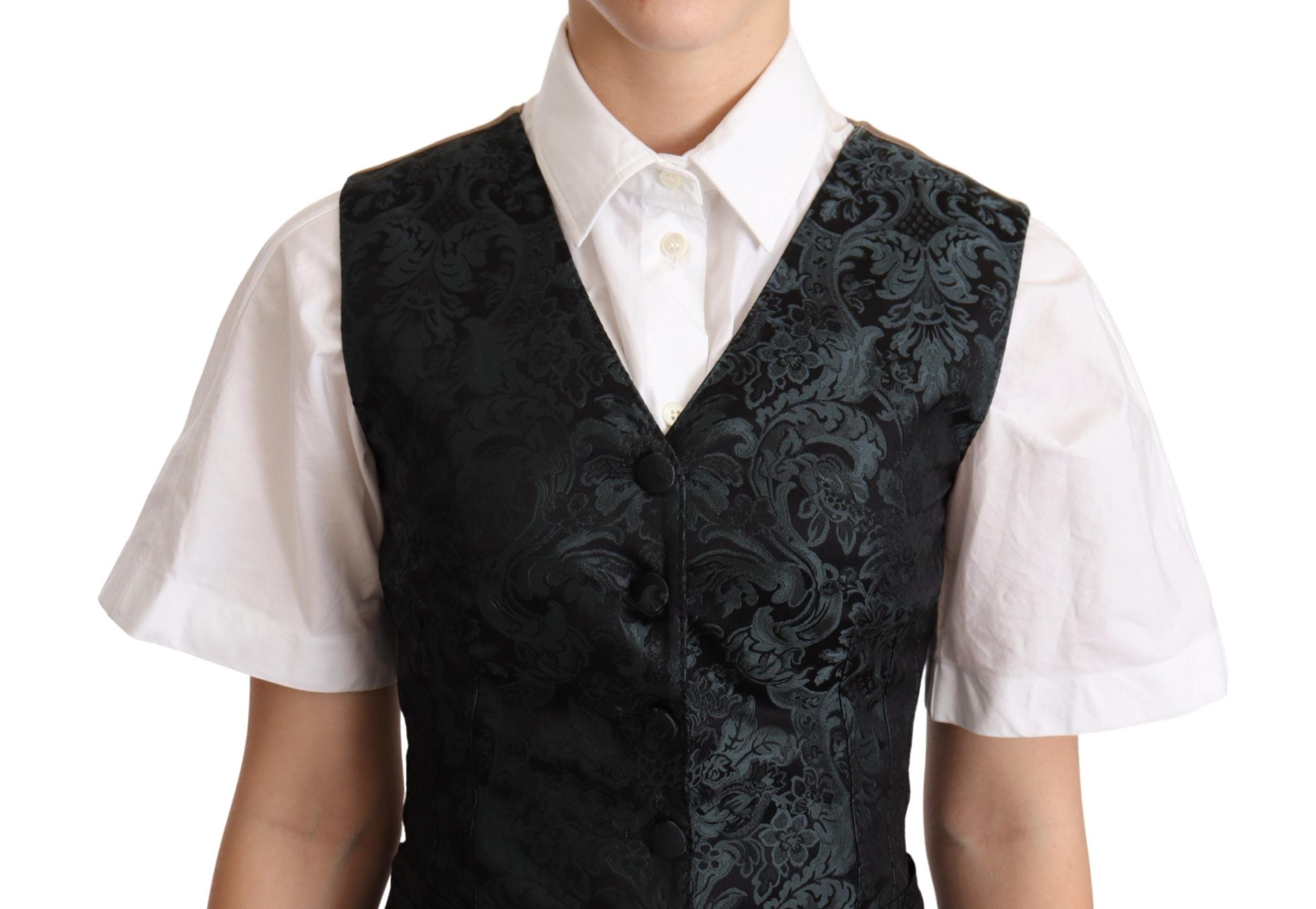 Dolce & Gabbana Schwarze Jacquard-Blumenweste Weste Grün
