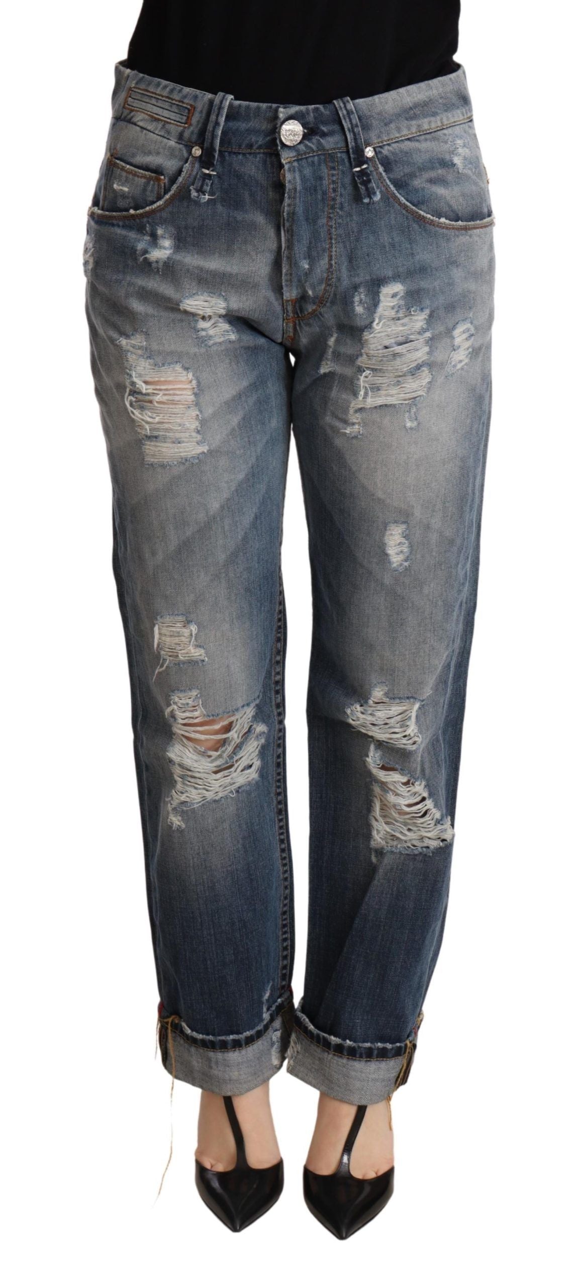 Eight pairs of distressed blue mid-rise denim trousers