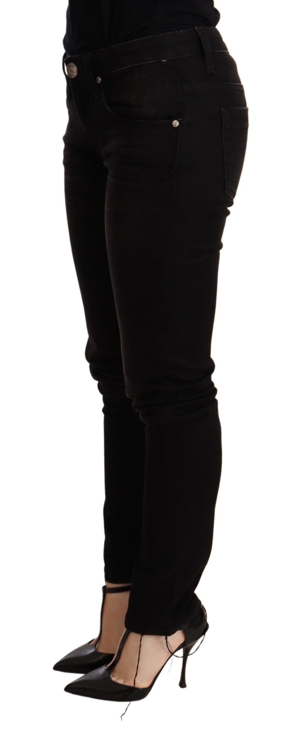 Eight black low-rise skinny denim jeans