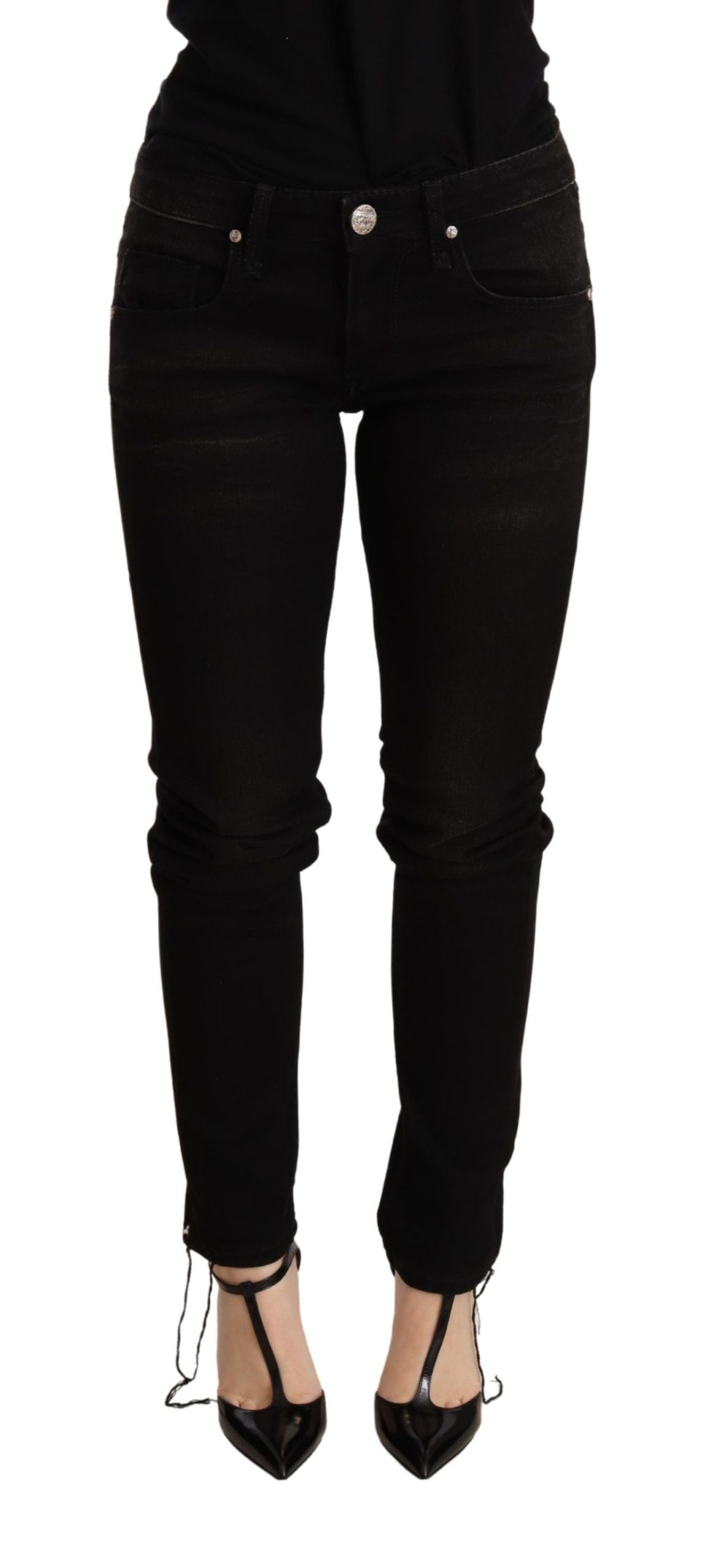 Eight black low-rise skinny denim jeans