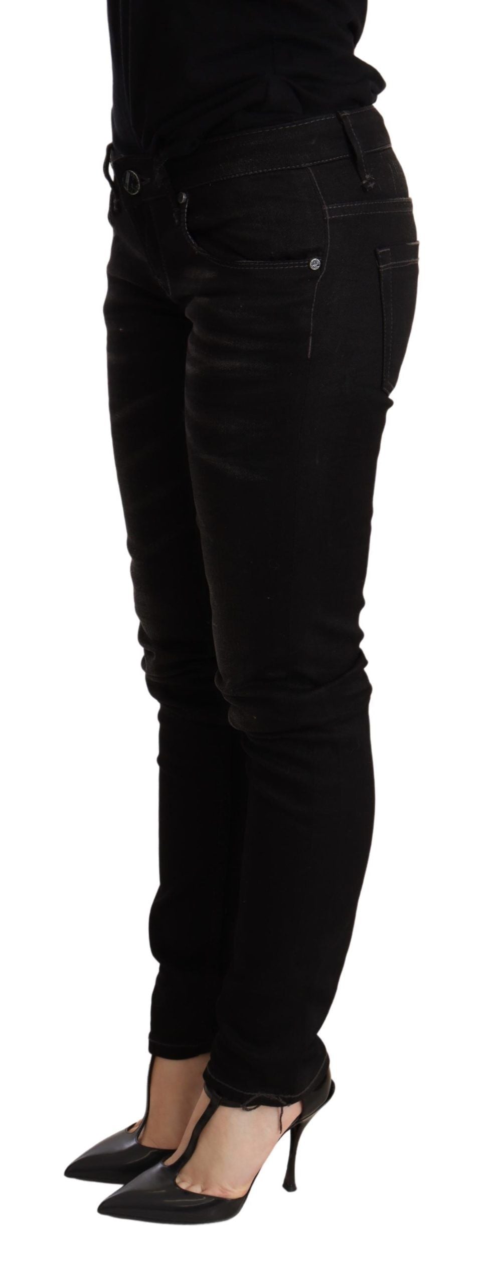 Eight black low-rise skinny denim jeans