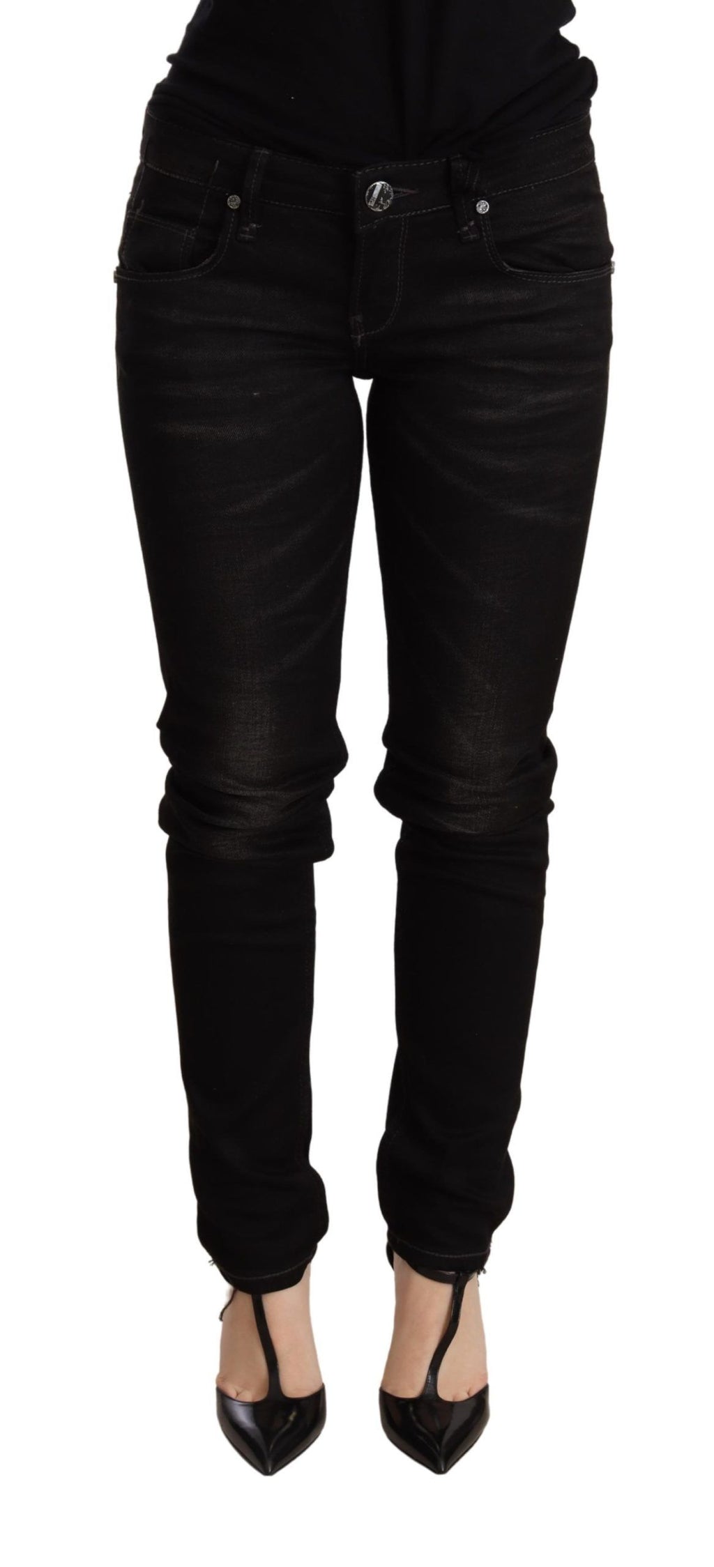 Eight black low-rise skinny denim jeans