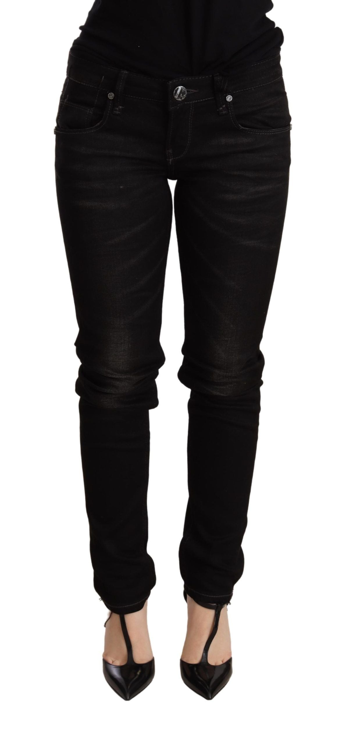 Eight black low-rise skinny denim jeans