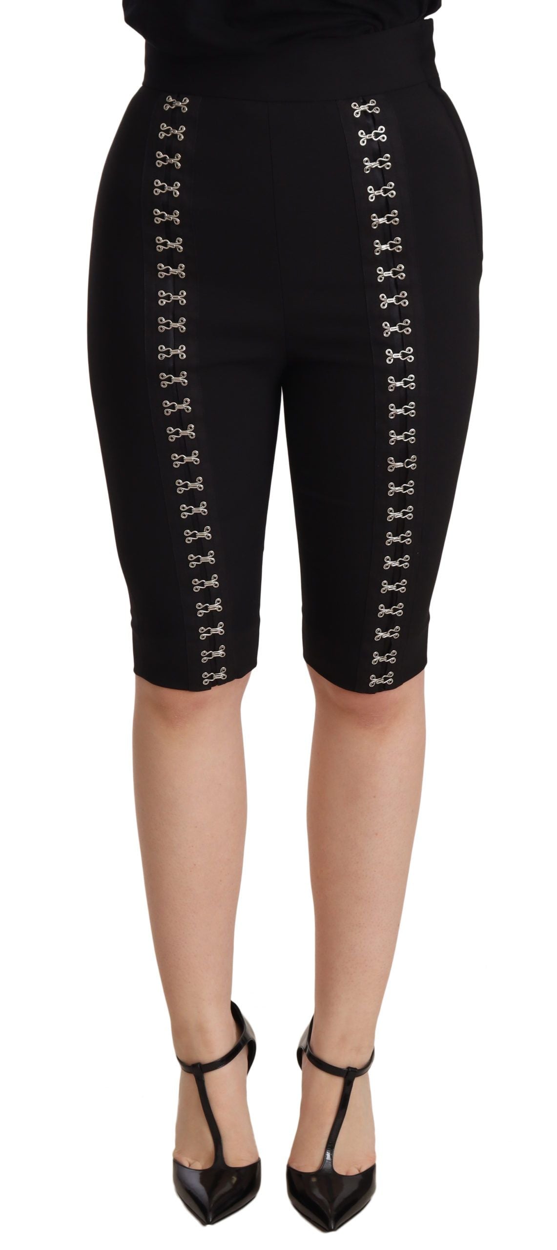 Dolce & Gabbana Schwarze Wool Stretch Slim Fit Shorts mit hoher Taille