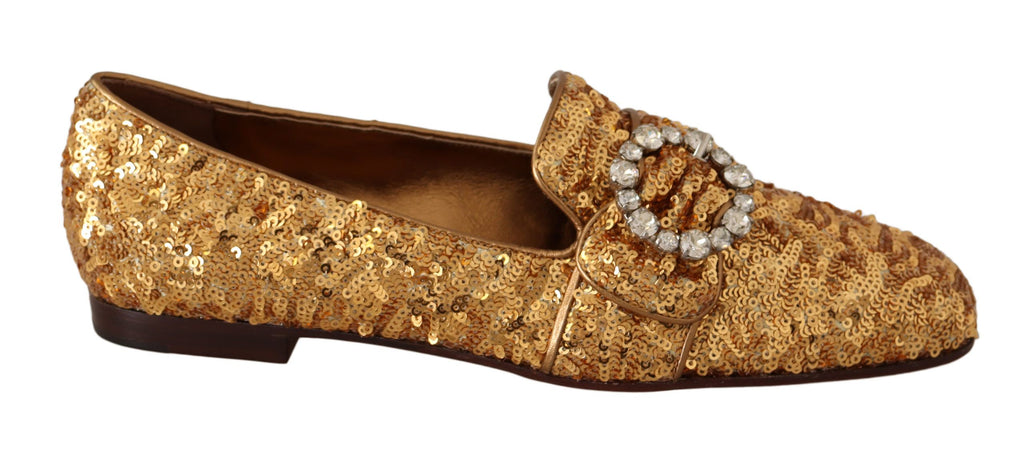 Dolce & Gabbana Gold Pailletten Kristall Flach Frauen Loafers Schuhe
