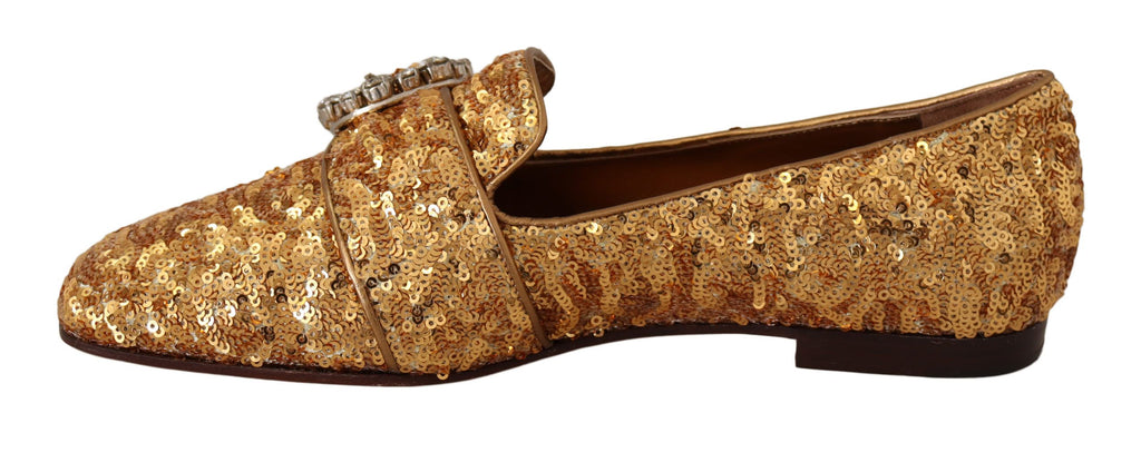 Dolce & Gabbana Gold Pailletten Kristall Flach Frauen Loafers Schuhe