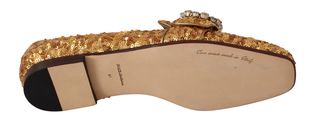 Dolce & Gabbana Gold Pailletten Kristall Flach Frauen Loafers Schuhe