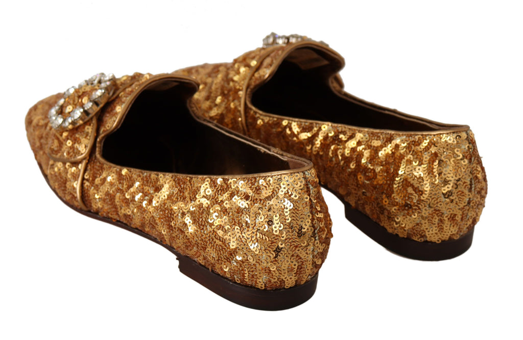 Dolce & Gabbana Gold Pailletten Kristall Flach Frauen Loafers Schuhe