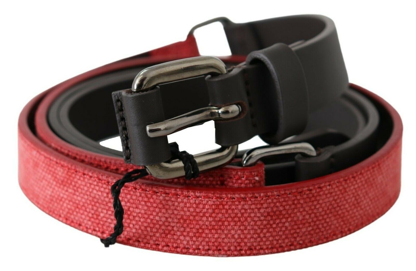 Costume National Red Brown Leather Silver Logo Buckle Belt