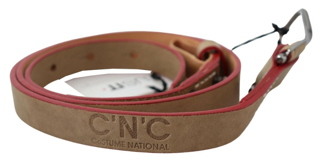 Costume National Beige Leather Belt with Silver Logo Buckle