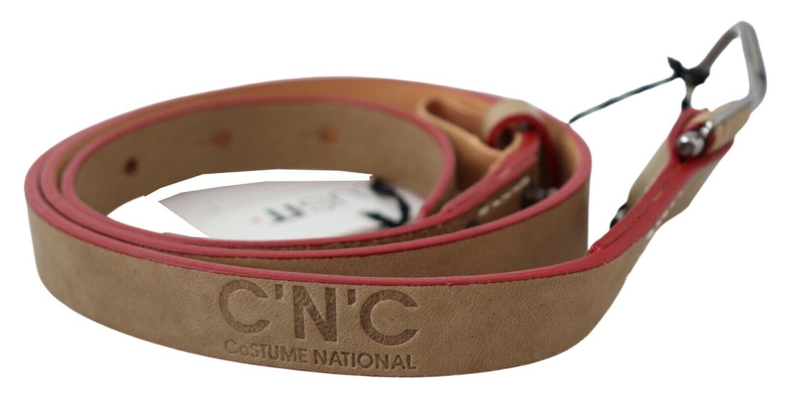 Costume National Beige Leather Belt with Silver Logo Buckle