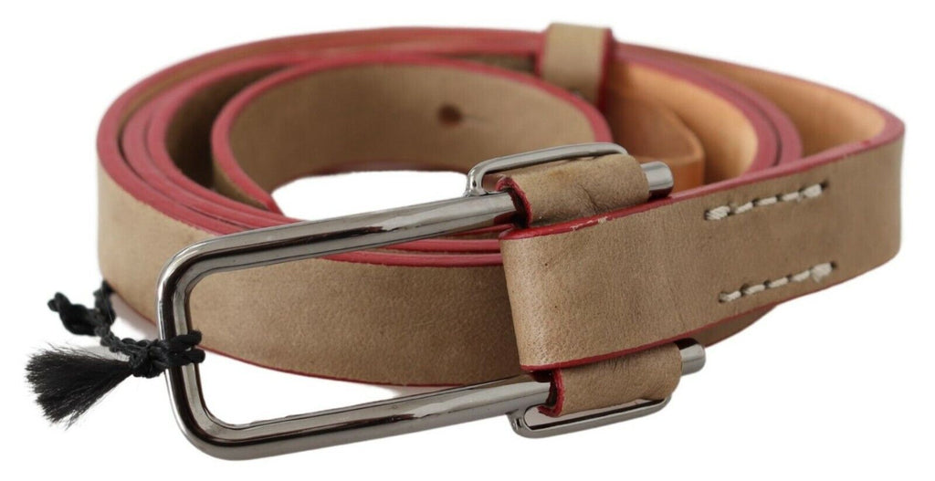 Costume National Beige Leather Belt with Silver Logo Buckle