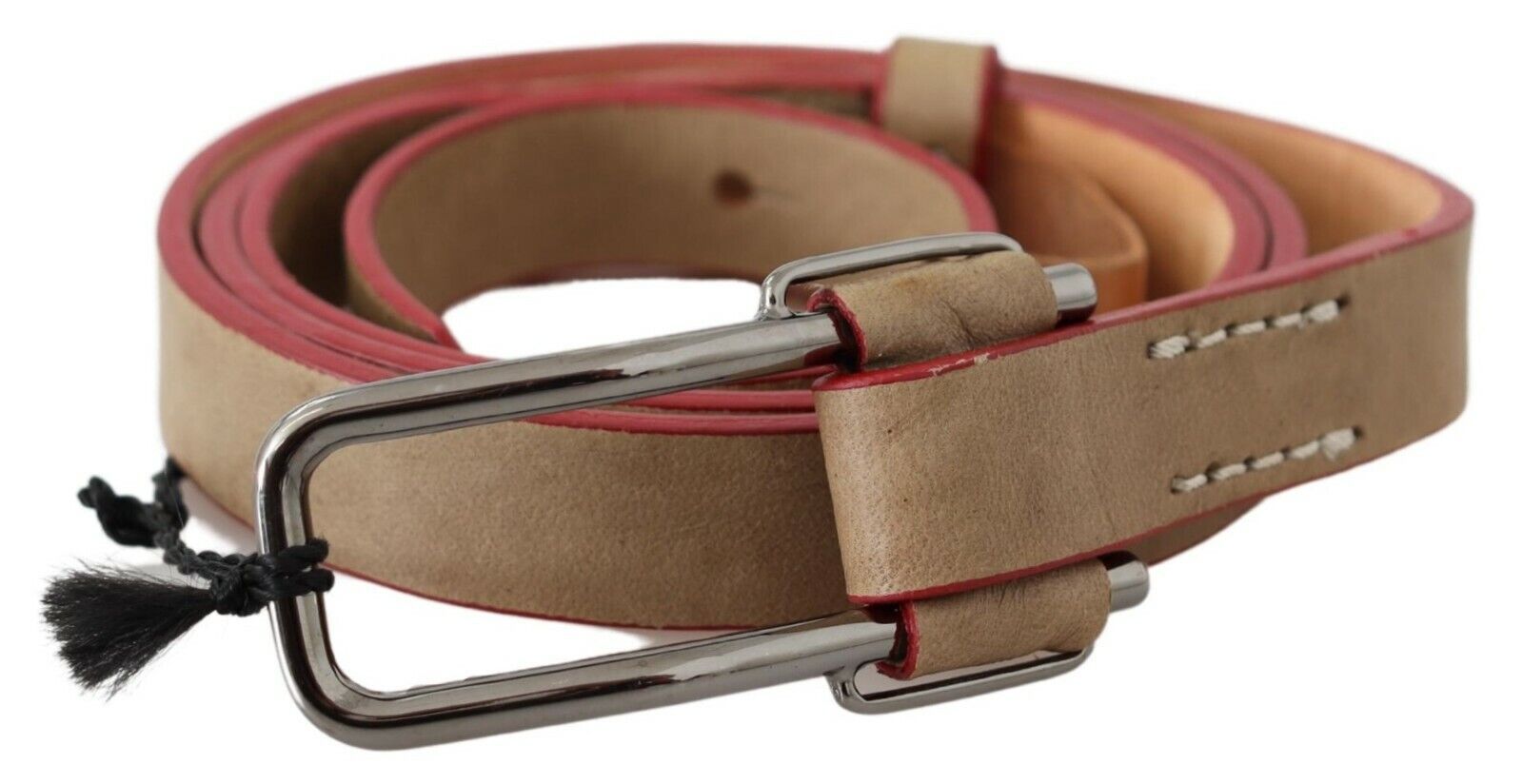 Costume National Beige Leather Belt with Silver Logo Buckle