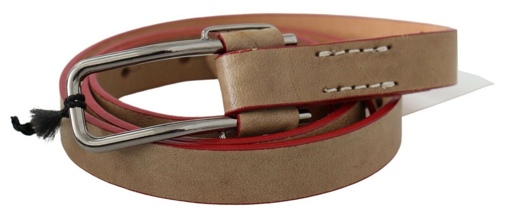 Costume National Beige Leather Belt with Silver Logo Buckle