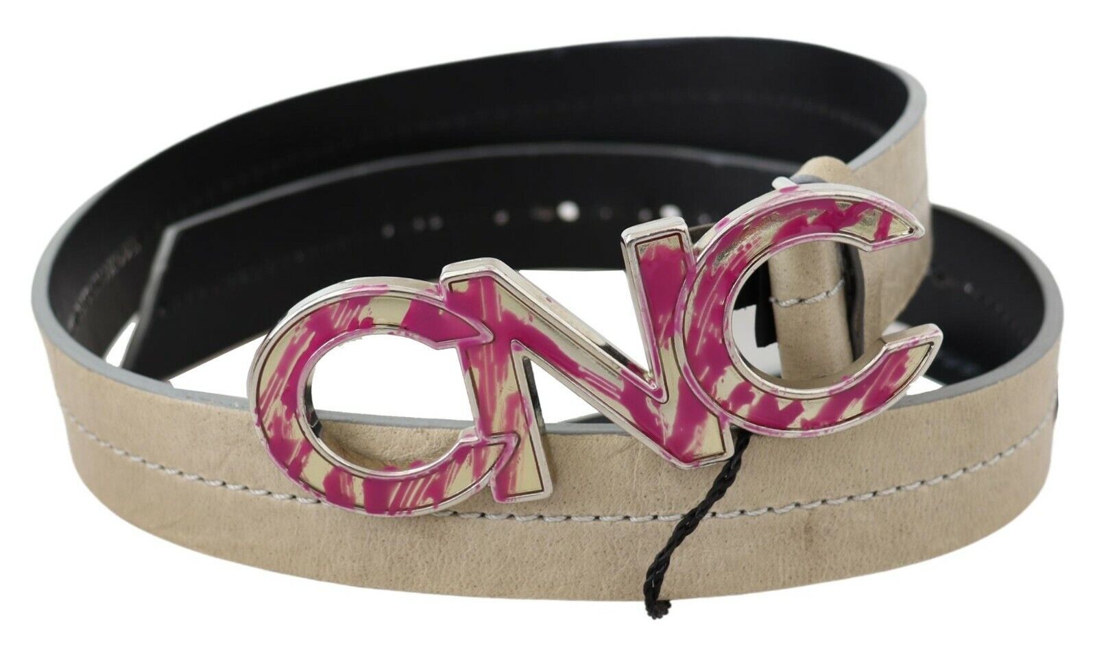 Costume National Beige Leder Rosa Buchstabe Logo Schnalle Gürtel