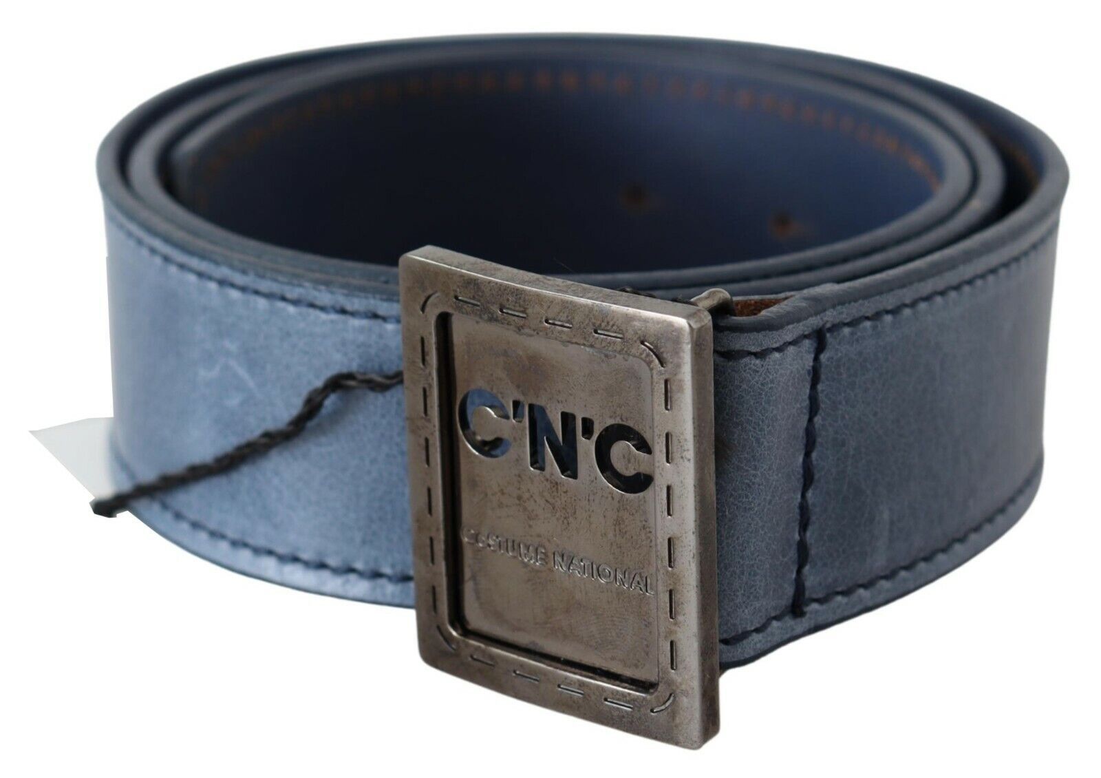 Costume National Blue Regular Leather Belt with Logo Buckle