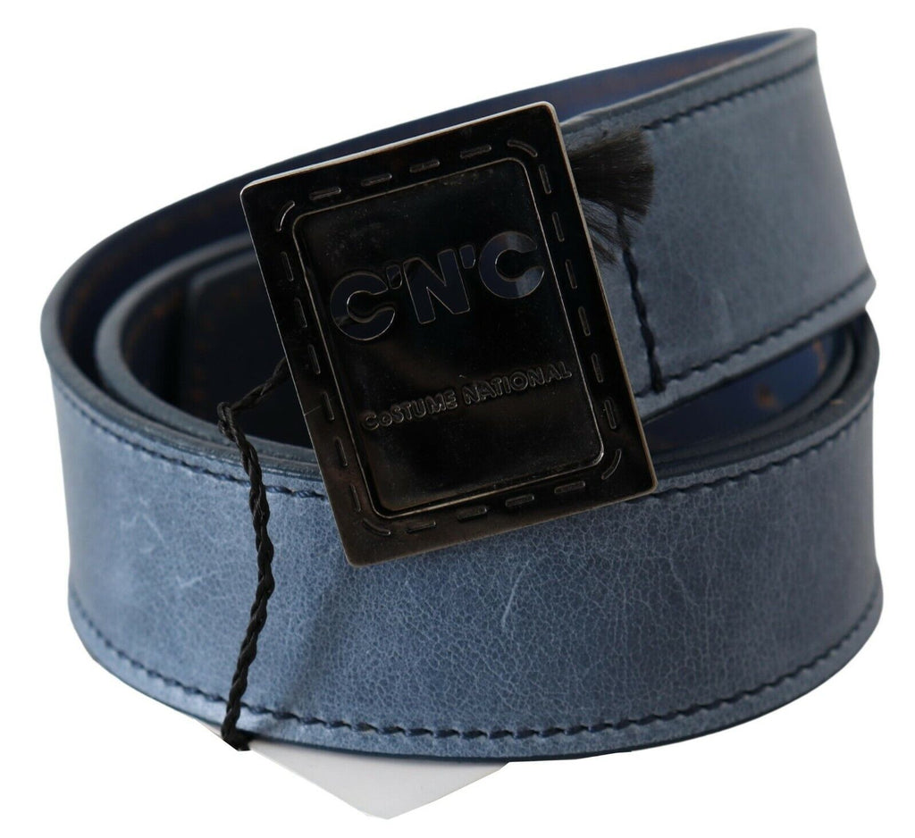 Costume National Blue Regular Leather Belt with Logo Buckle