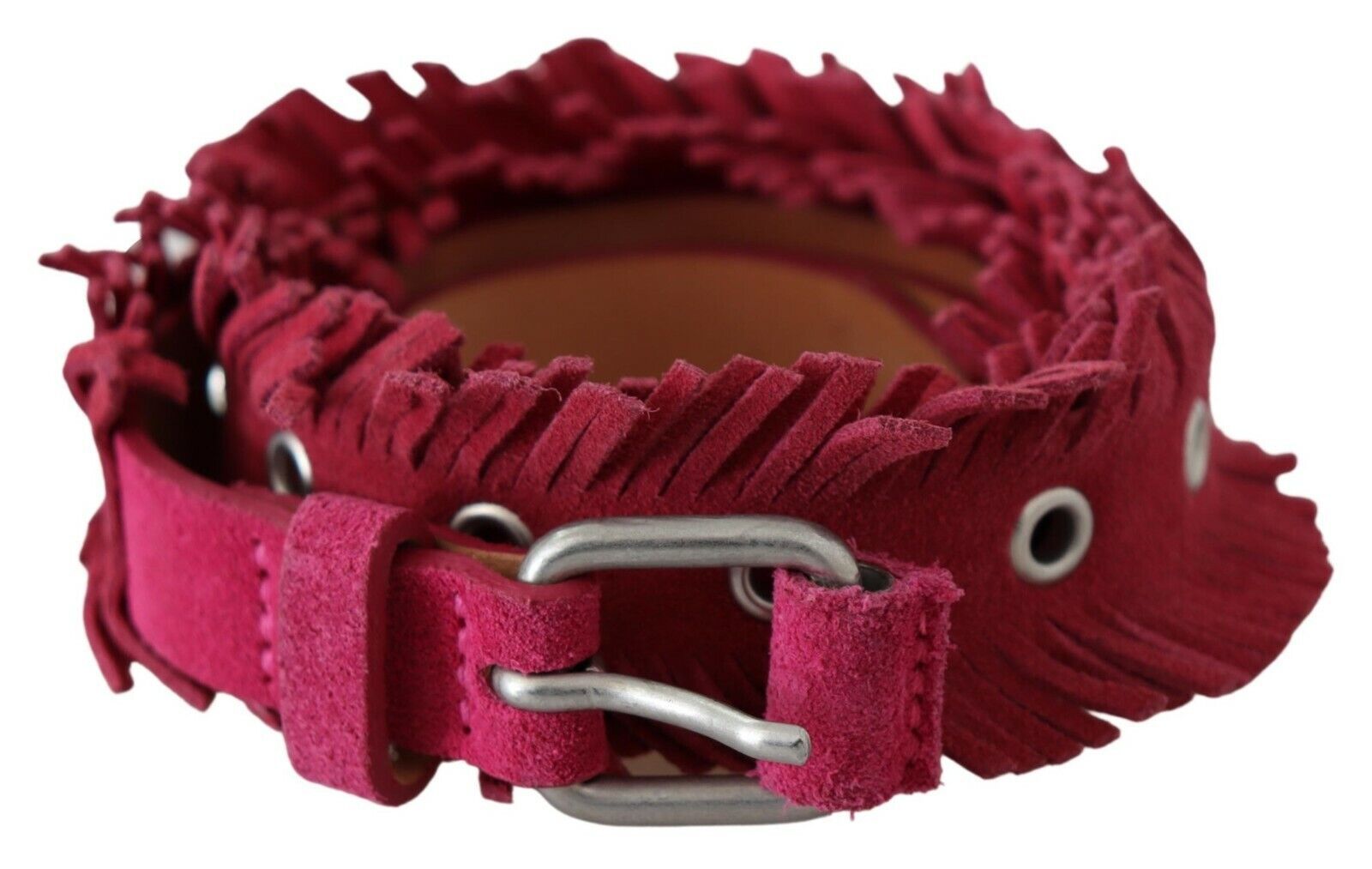 Ermanno Scervino Maroon Leder Fransen Silber Schnalle Taille Gürtel
