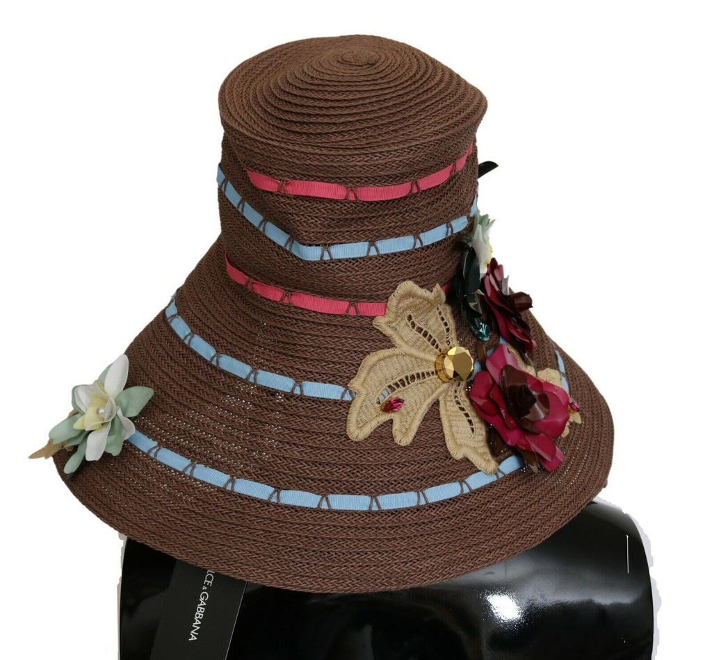 Dolce & Gabbana Brauner gestrickter Strohhut mit Blumen