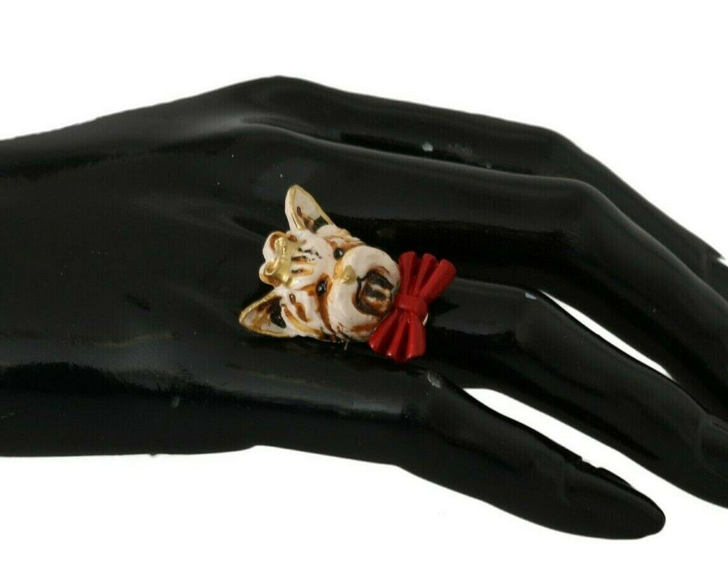 Dolce & Gabbana Gold Messing Harz Beige Hund Haustier gebrandmarkt Accessoire Ring