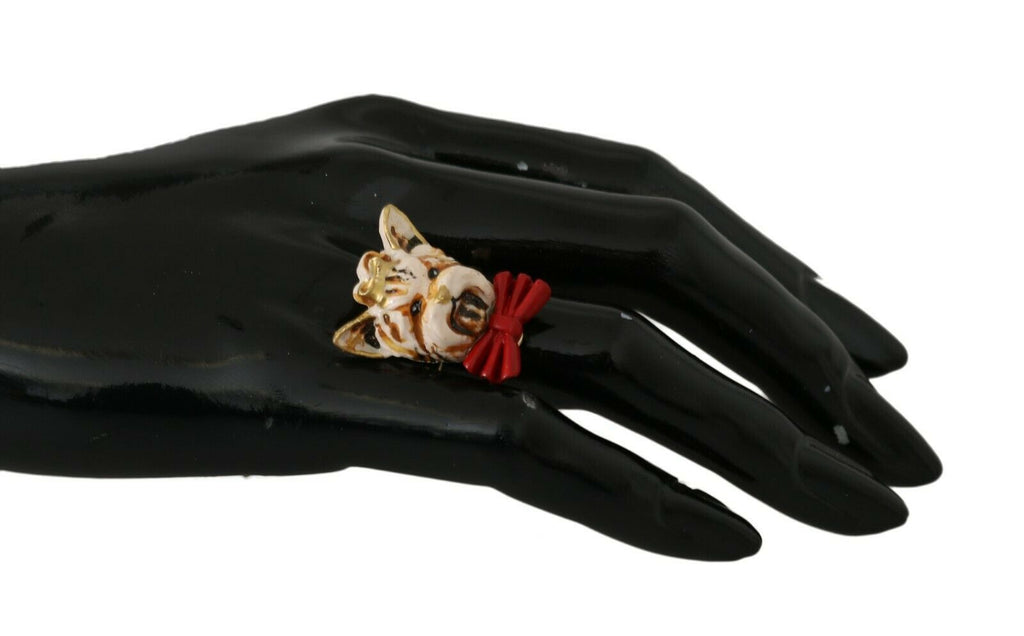 Dolce & Gabbana Gold Messing Harz Beige Hund Haustier gebrandmarkt Accessoire Ring