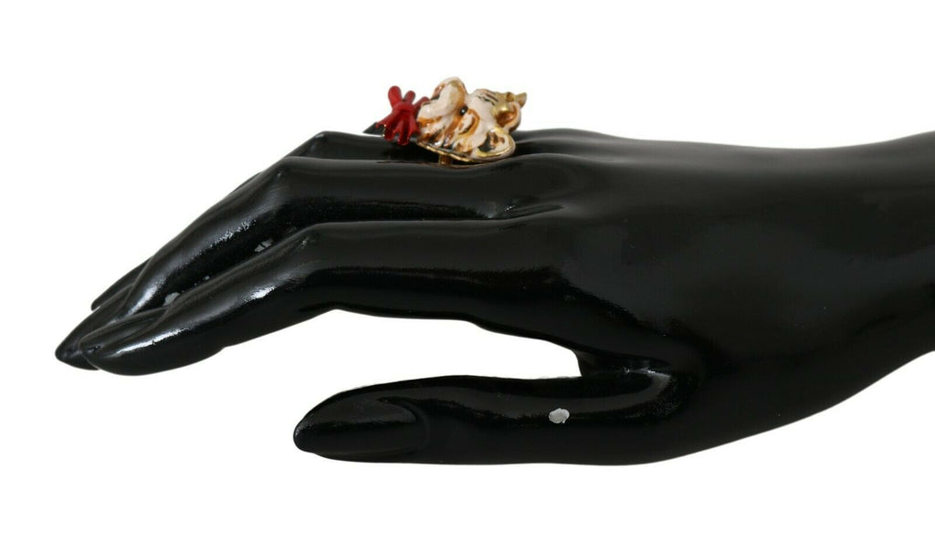 Dolce & Gabbana Gold Messing Harz Beige Hund Haustier gebrandmarkt Accessoire Ring