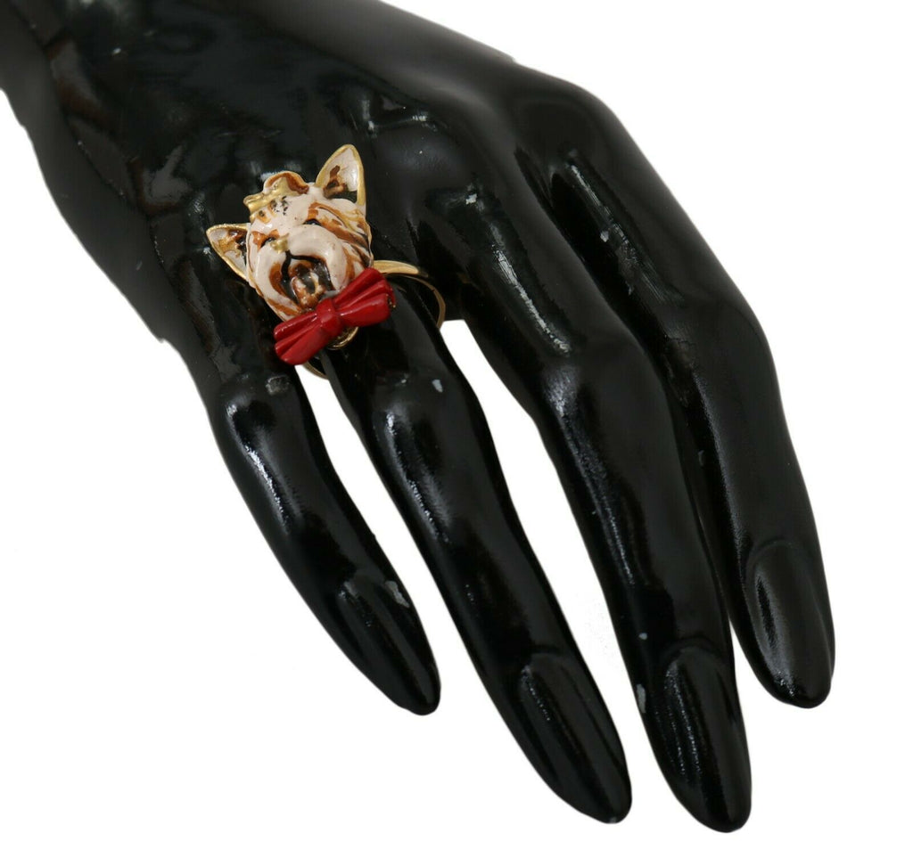 Dolce & Gabbana Gold Messing Harz Beige Hund Haustier gebrandmarkt Accessoire Ring