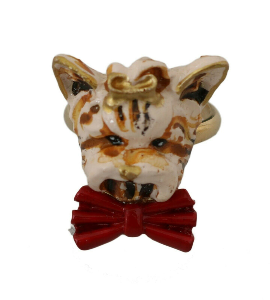Dolce & Gabbana Gold Messing Harz Beige Hund Haustier gebrandmarkt Accessoire Ring