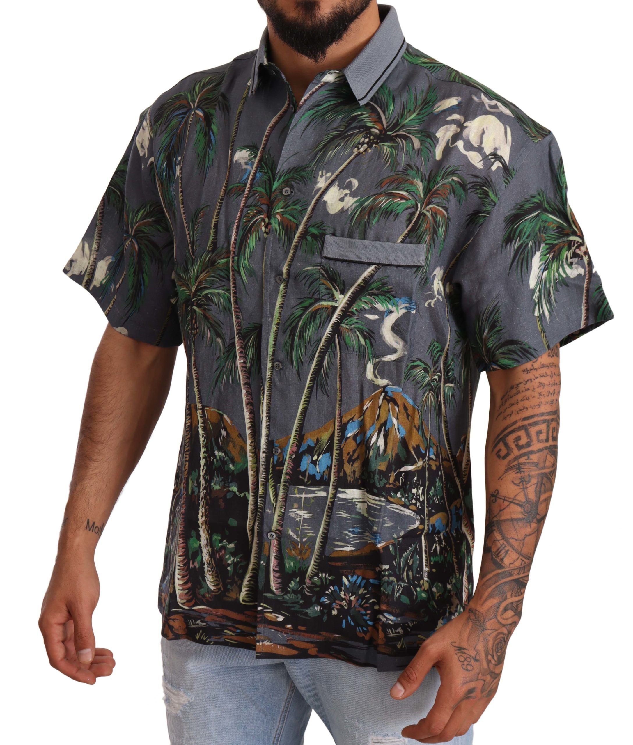 Dolce & Gabbana Graues Leinenhemd mit Tropenprint und Kragen