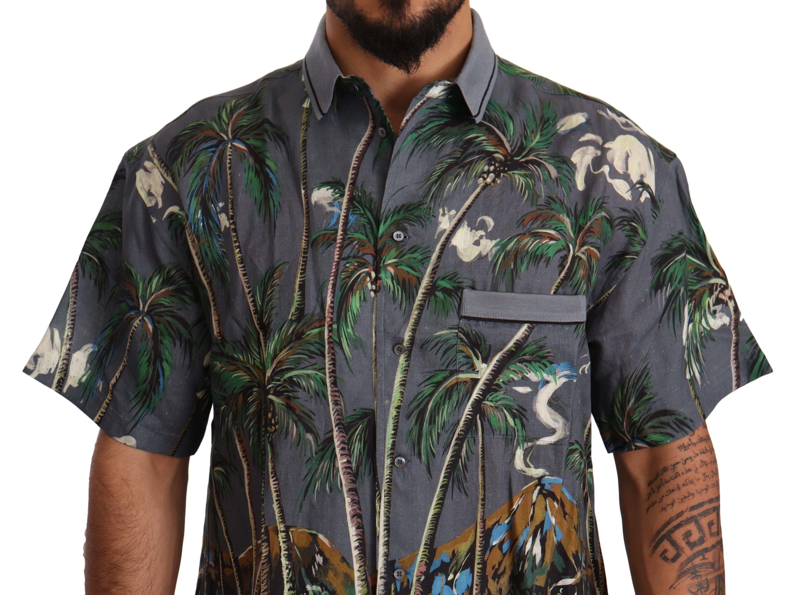 Dolce & Gabbana Graues Leinenhemd mit Tropenprint und Kragen