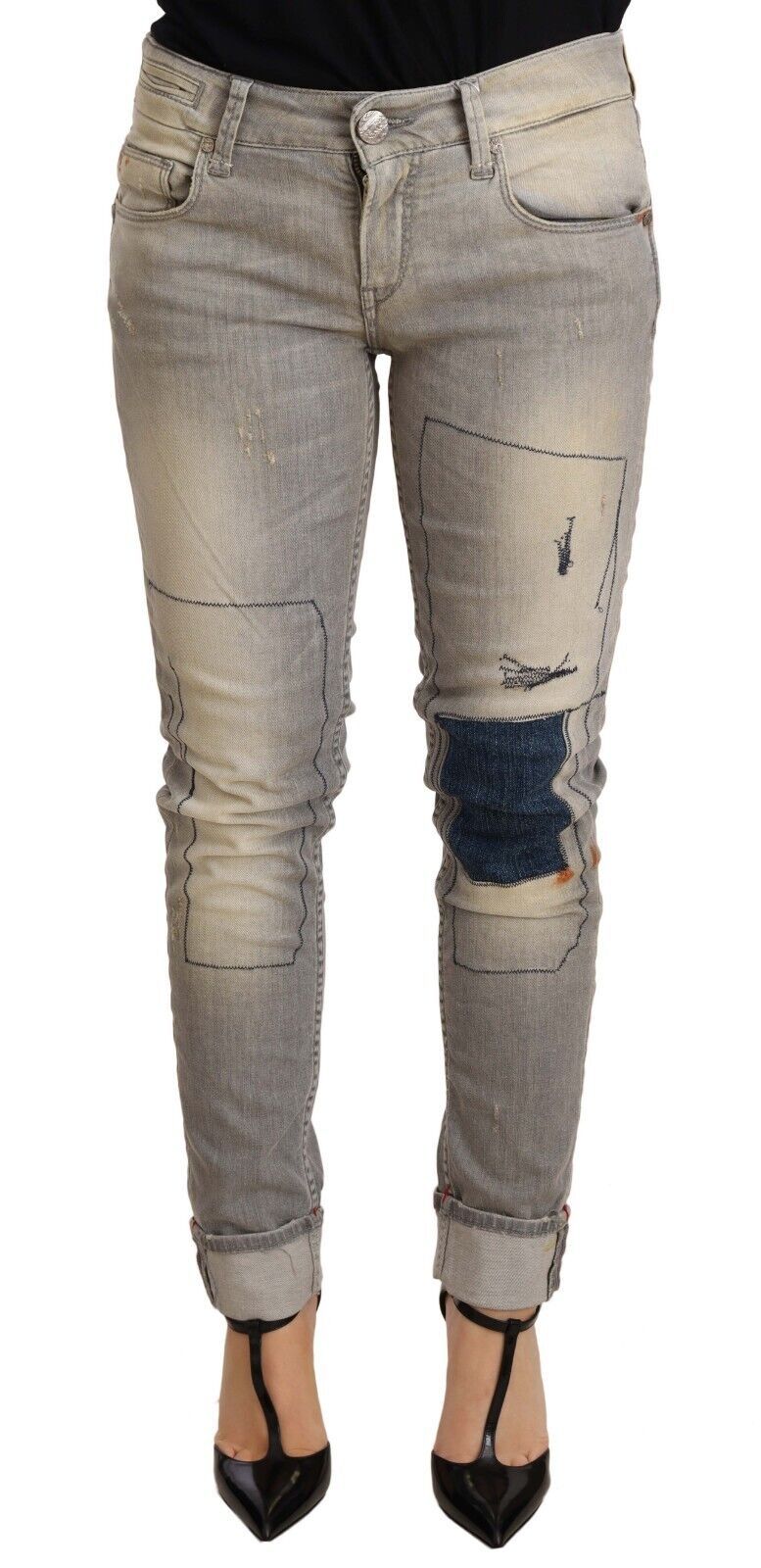Acht Graue Baumwolle Slim Fit Gefalteter Saum Damen Denim Hose