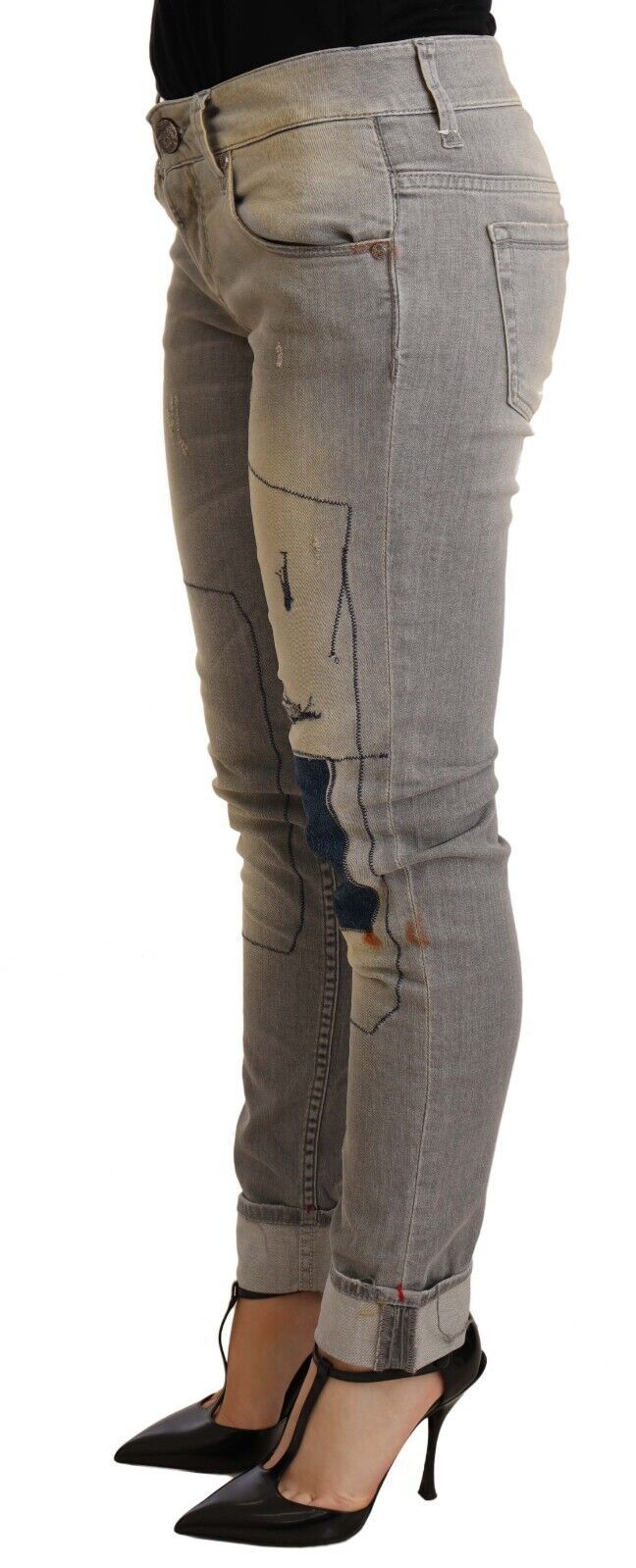 Acht Graue Baumwolle Slim Fit Gefalteter Saum Damen Denim Hose
