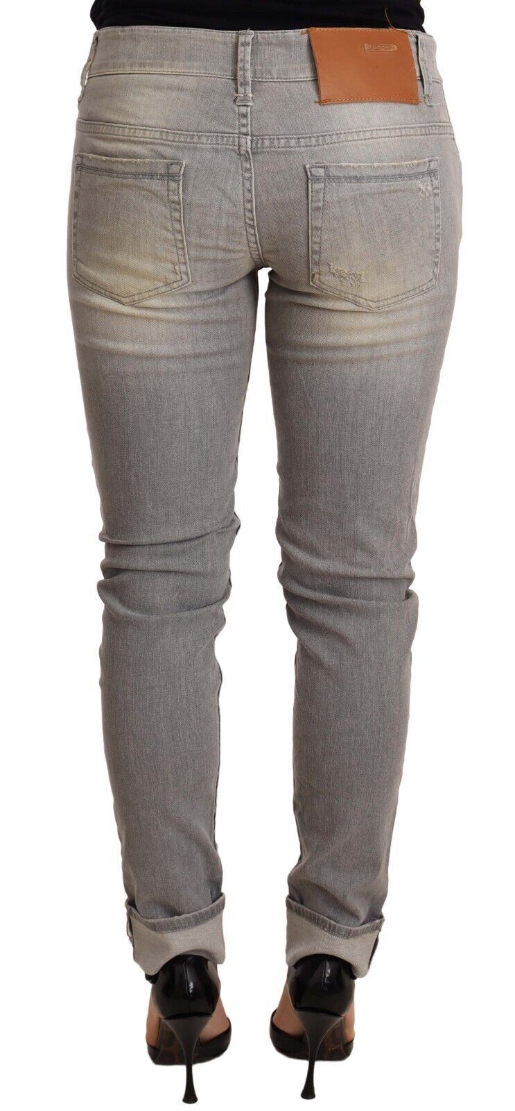 Acht Graue Baumwolle Slim Fit Gefalteter Saum Damen Denim Hose