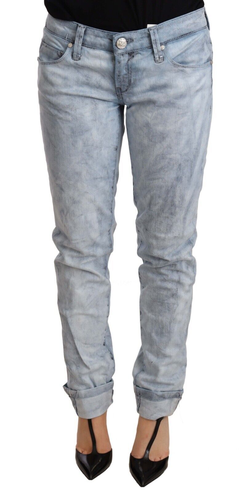 Acht Hellblaue Denim-Hose aus gewaschener Baumwolle mit gefaltetem Saum