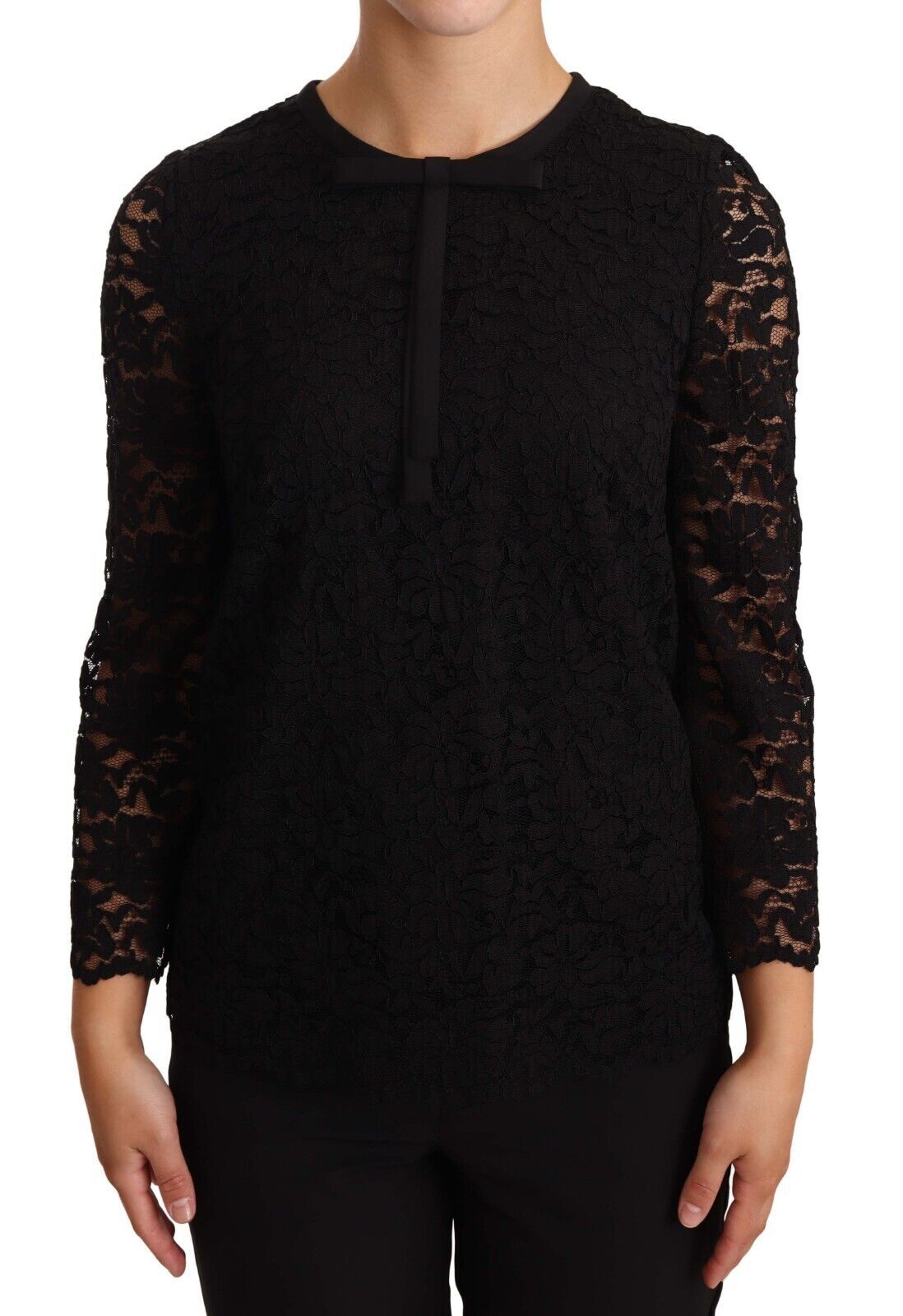 Dolce & Gabbana Black Nylon Blouse Top with Floral Lace