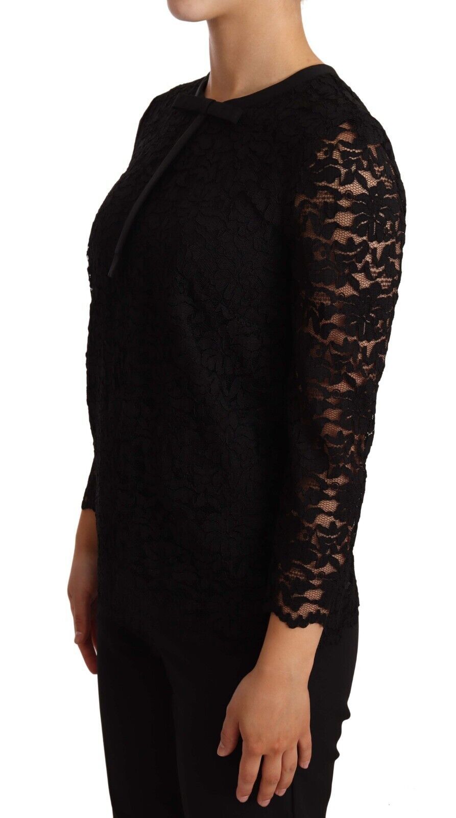 Dolce & Gabbana Black Nylon Blouse Top with Floral Lace