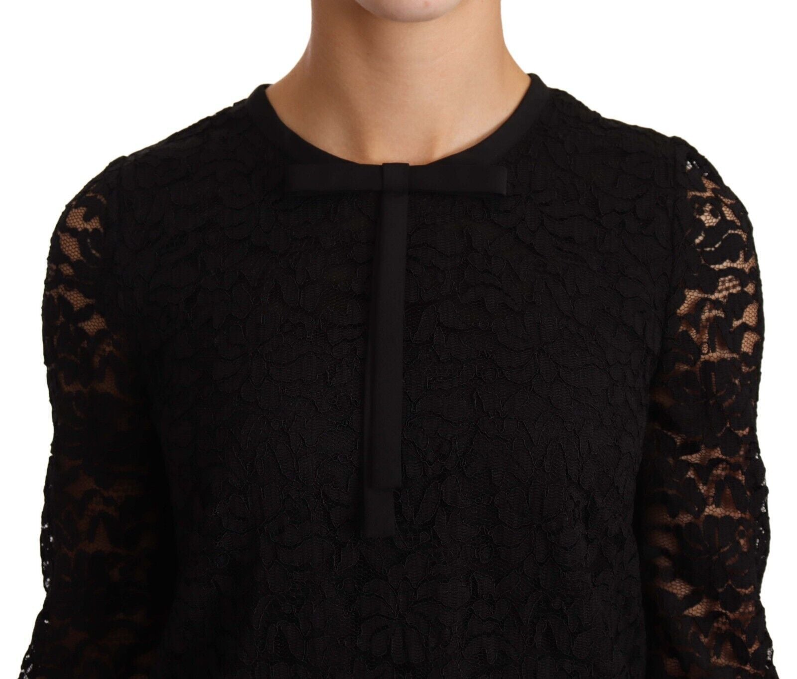 Dolce & Gabbana Black Nylon Blouse Top with Floral Lace