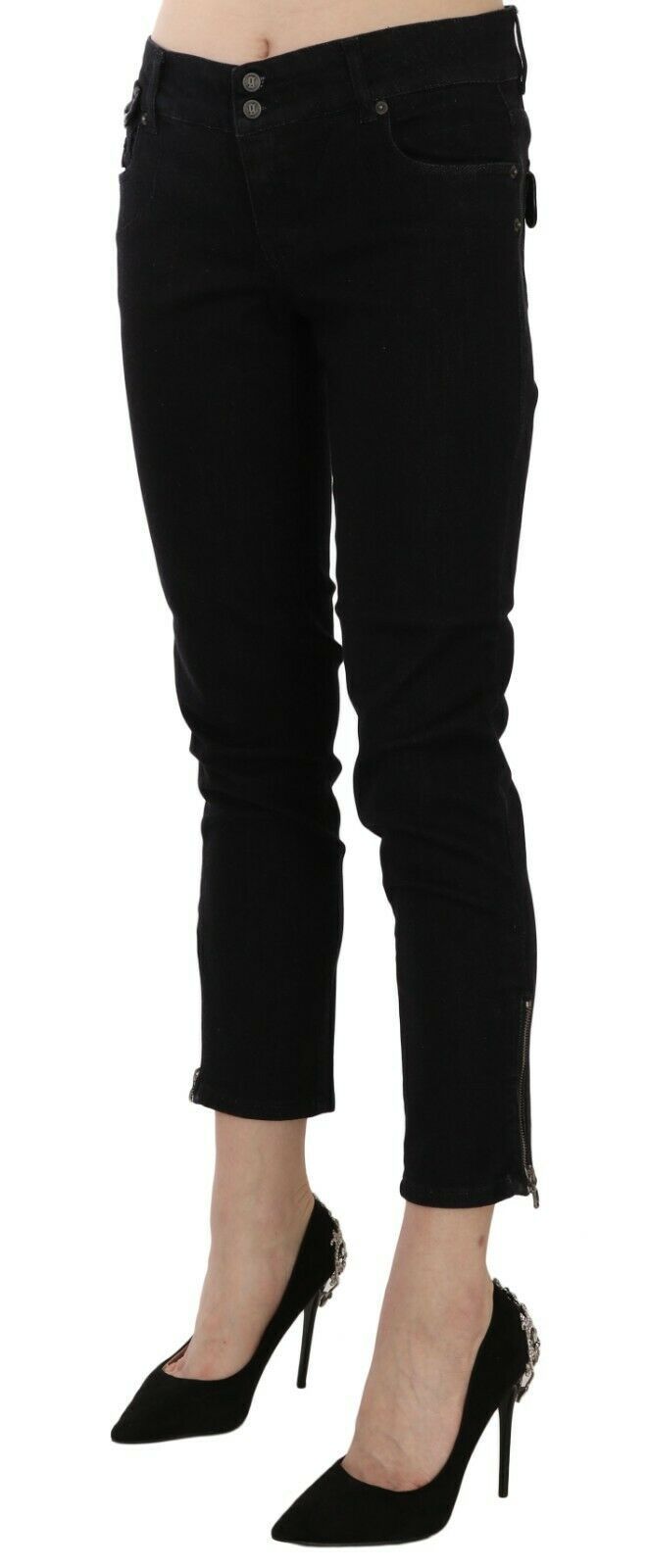 John Galliano Black Mid-Waist Cropped Hem Denim Casual Trousers