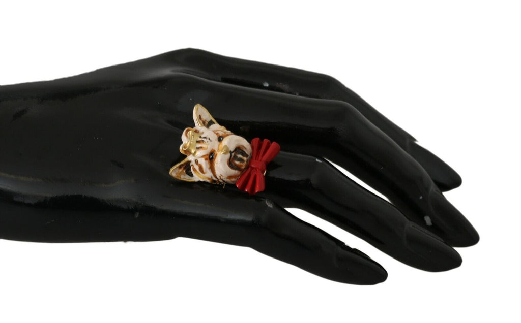 Dolce & Gabbana Beige Hund Haustier Branding Accessoire Gold Messing Harz Ring