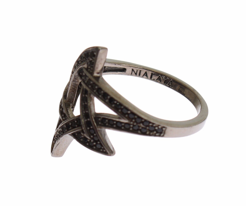 Nialaya Black CZ Rhodium Plated 925 Silver Women's Ring