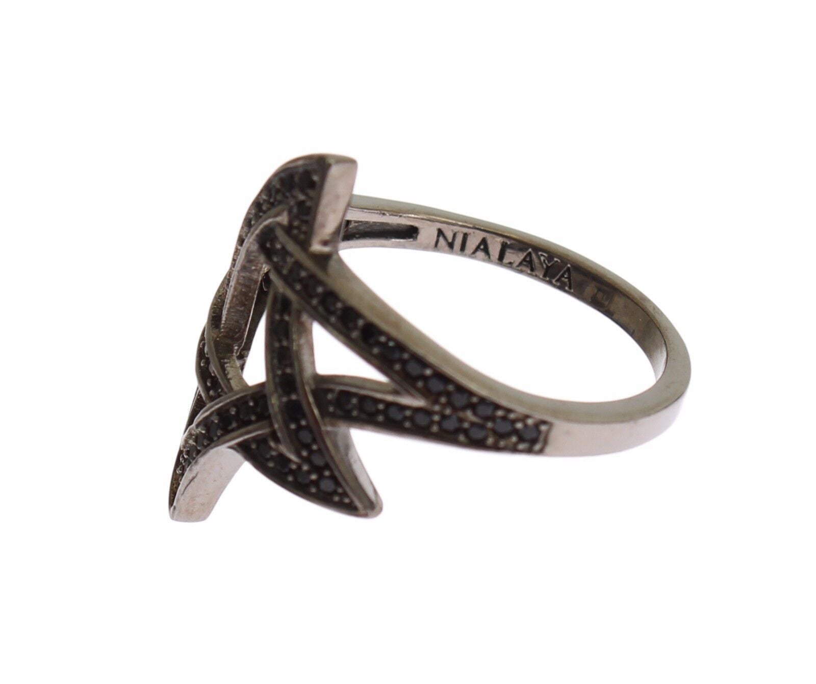 Nialaya Black CZ Rhodium Plated 925 Silver Women's Ring