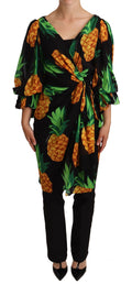 Dolce & Gabbana Black Pineapple Print Stretch Silk Wrap Dress