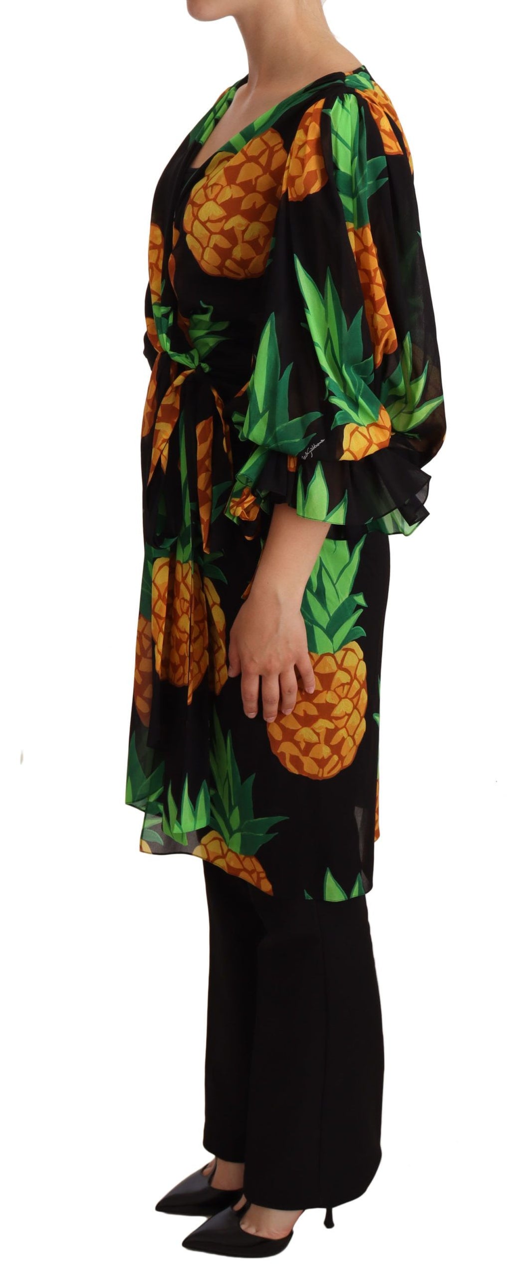 Dolce & Gabbana Black Pineapple Print Stretch Silk Wrap Dress