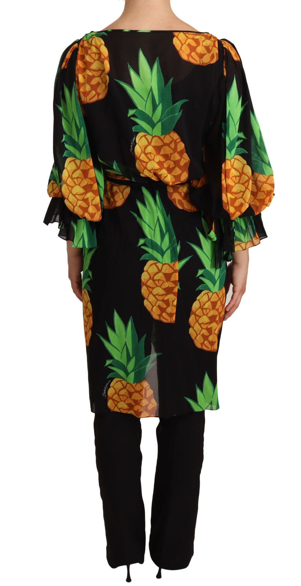 Dolce & Gabbana Black Pineapple Print Stretch Silk Wrap Dress